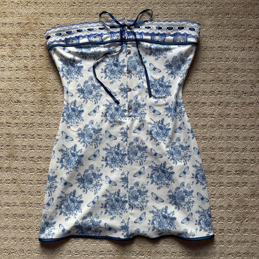 For Love And Lemons Blue and White Strapless Dress